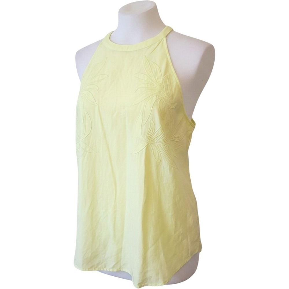 Ann Taylor Factory Halter Top Womens LP Yellow Linen Blend Floral Embroidered